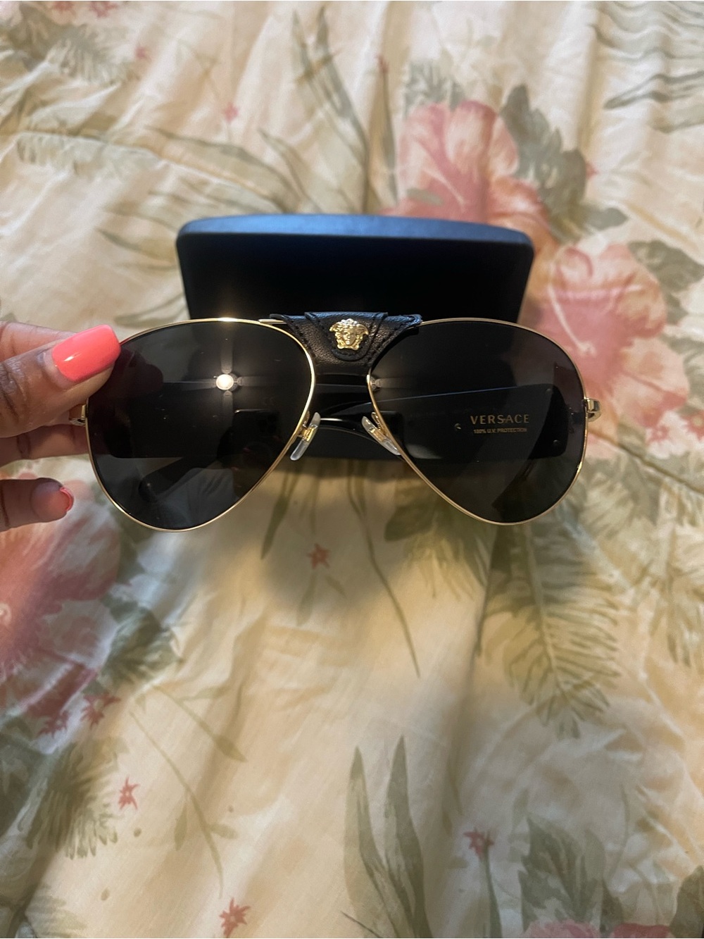 Versace Gold Frame Black Lens Aviator Sunglasses with Medusa Bridge
